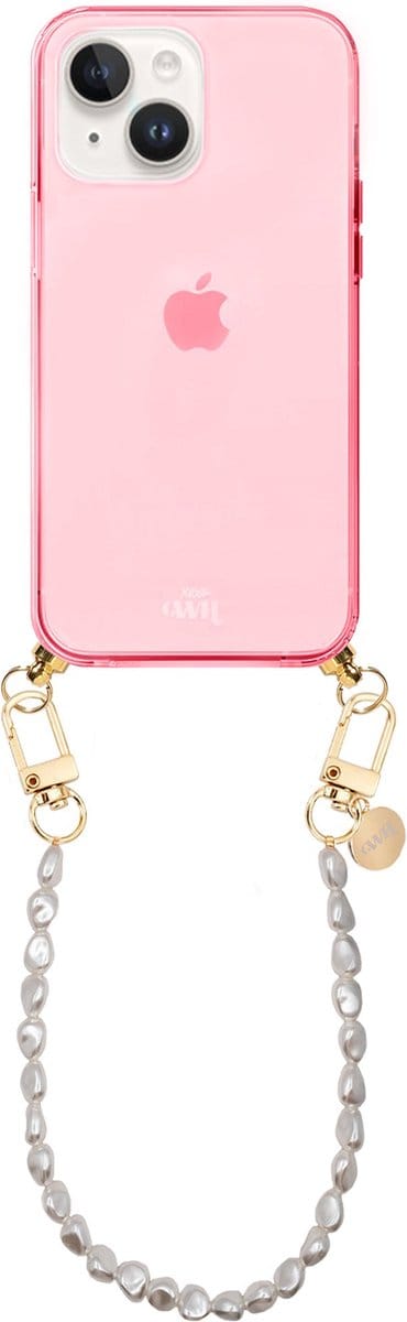 xoxo Wildhearts silicone case met koord - Roze telefoonhoesje met koord - telefoonketting - Pearlfection - short - Cord Case - geschikt voor Apple iPhone 13 - Parelketting kort