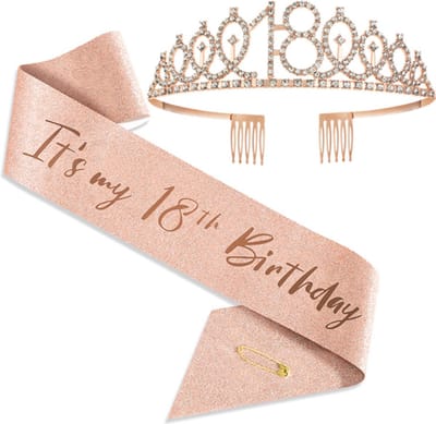 Setje "18th birthday" - 18 jaar verjaardag versiering - Tiara 18 jaar - Verjaardagskroon en Sjerp - Rosé Goud