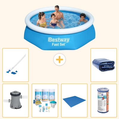 Bestway Rond Opblaasbaar Fast Set Zwembad - 244 x 61 cm - Blauw - Inclusief Pomp - Onderhoudspakket - Grondzeil - Filter - Stofzuiger - Solarzeil - 7-delig