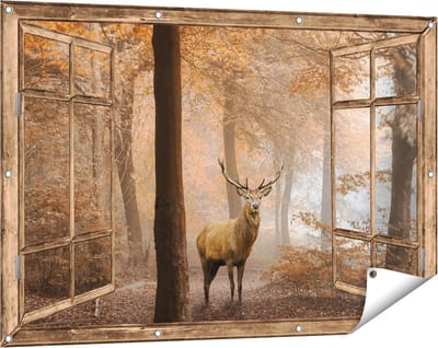 Gards Tuinposter Doorkijk Hert in het Bos - Herfst - 120x80 cm - Tuindoek - Tuindecoratie - Wanddecoratie buiten - Tuinschilderij