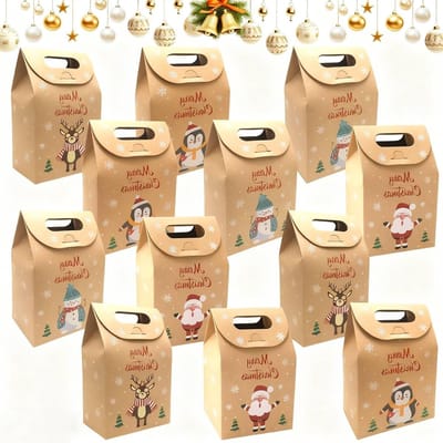 Set van 12 Kerst Cadeauzakken, Papieren Cadeauzakken voor Feesten, Verjaardagen en Vieringen, 4 Stijlen met Kerstthema in Kraftpapier