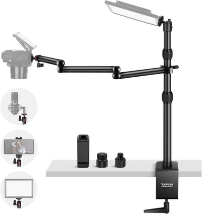 Telescopische Camera Tafelhouder met 3-delige Vouwarm van 1,2 m, Telefoonhouder, LED Licht en Microfoon Bevestiging