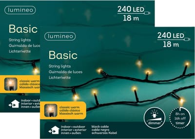 Lumineo Kerstverlichting - 2x - 240 leds - klassiek warm wit -1800 cm - black cable - timer en dimmer