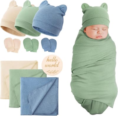 Geboorte Deken Zachte Zwadeldekens voor Baby Wikkelen Warme Omslagdoeken met Beer Oor Muts Hoofdband met Handschoenen