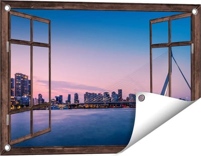 Gards Tuinposter Doorkijk Erasmusbrug in Rotterdam met Zonsondergang - 60x40 cm - Tuindoek - Tuindecoratie - Wanddecoratie buiten - Tuinschilderij