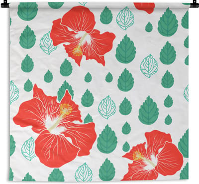 Wandkleed - Wanddoek - Hibiscus - Patronen - Hawaii - Bladeren - Bloem - 90x90 cm - Wandtapijt