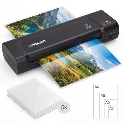 Lamineerapparaat A4 met 5x Lamineerhoezen - Lamineermachines - Plastificeerapparaat - Lamineer - Laminator - Cadeaus voor Hem - Zwart - Fichero