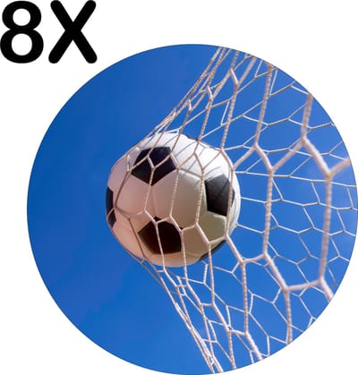 Luxe Ronde Placemat - Voetbal in het Net van het Goal - Set van 8 Placemats - 50x50 cm - 2 mm dik Vinyl - Anti Slip - Afneembaar