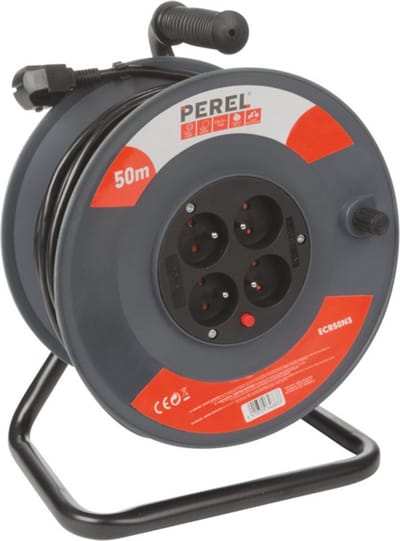 Perel Kabelhaspel, kabeltrommel, voor gebruik binnenshuis, verlengkabel, stroomhaspel, kabelbox, 4 stopcontacten type E, thermische beveiliging, 50 m, 3G1.5, grijs/zwart
