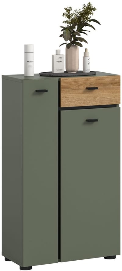 Moderne badkamer kast op wielen in Sage Green - Eiken look - Ruime opbergkast - 51x91x30cm