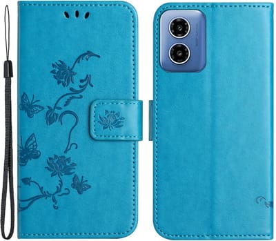 Coverup Hoesje - Geschikt voor Motorola Moto G04(s) / G24 (Power) / E14 Hoesje - Coverup Bloemen & Vlinders Book Case - Blauw