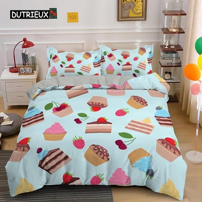 Cartoon Taart Koning Koningin Dekbedovertrek Dessert Cupcake IJs Beddengoed Set Kind Fijne Verjaardag Polyester Dekbedovertrek Kinderen Cadeaus AU King(245x210cm)