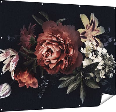 Gards Tuinposter Bloemen op een Zwart Achtergrond - 150x120 cm - Tuindoek - Tuindecoratie - Wanddecoratie buiten - Tuinschilderij