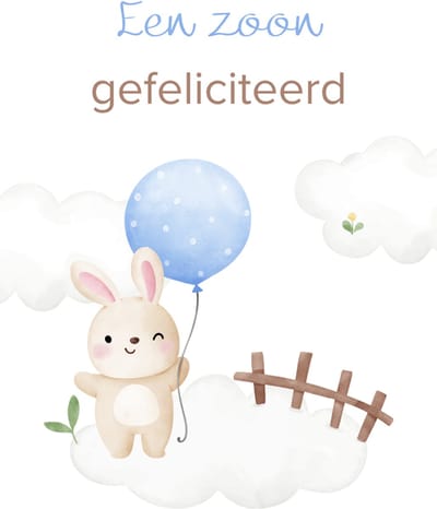 Geboortekaart jongen – Enkele felicitatiekaart met aquarel konijntje en blauwe ballon – Origineel ontwerp – Stevig 400 grams papier – Inclusief kraft envelop – Voor geboorte of babycadeau – FSC