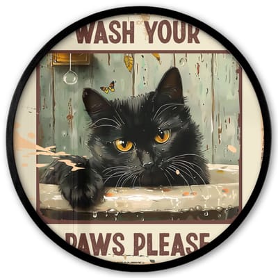 Poster in lijst Rond - Fotolijst 40x40 cm - Posters - Vintage - Kat - Quotes - Wash your paws please - Spreuken - Ronde posterlijst zwart - Decoratie - Wanddecoratie woonkamer - Muurdecoratie slaapkamer