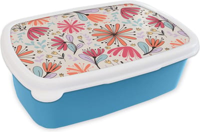 Broodtrommel Blauw - Lunchbox - Brooddoos - Bloemen - Regenboog - Design - 18x12x6 cm - Kinderen - Jongen