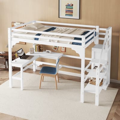 Hoogslaper - 140x200cm - stijlvol L-vormig bureau - grenen - open kledingkast - zonder matras - wit