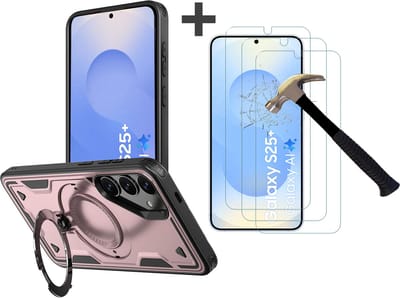 Hoesje Geschikt voor Samsung Galaxy S25 Plus met 3 Stuks gehard glas Screenprotectors - Armor hoes met Ringhouder - Arara backcover - Rosegoud
