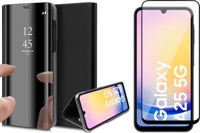 Hoesje geschikt voor Samsung Galaxy A25 / A24 - Screenprotector Volledig Dekkend Glas - Spiegel Book Case Zwart