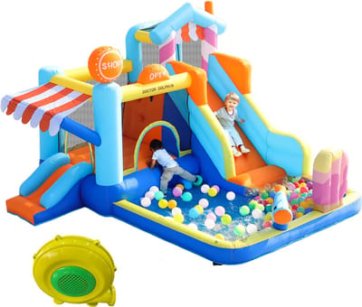 Kinder Springkasteel met Waterglijbaan en Trampoline – Opblaasbaar Springkasteel met Dubbele Glijbaan, Waterspeelzone, Fontein, Waterpistool en 450W Blower – Buitenspeelgoed voor Kinderen 3-8 Jaar