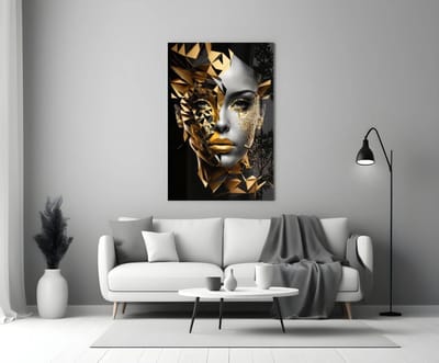 Glasschilderij – Gouden Vrouw – Abstract Geometrische Kunst – Luxe Moderne Wanddecoratie - 90x60 cm