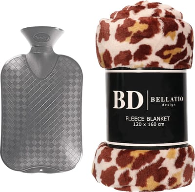Bellatio Design - Fleece deken Panter 120x160 cm + warmwater kruik 2L