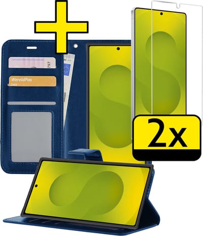 Hoesje - Met 2x Screenprotector - Geschikt voor Samsung Galaxy S25 Ultra - Luxe Pasjeshouder - Bookcase Portemonee - Flip Case - Kunstleer Book Case - Flipcase Hoes - Book Cover - Walletcase - Portemonneehoes - Telefoonhoesjes - Donkerblauw
