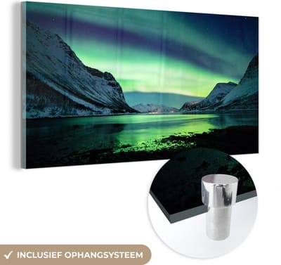 MuchoWow® Glasschilderij 40x20 cm - Schilderij acrylglas - Noorderlicht - Noorwegen - IJs - Geel - Berg - Water- Sneeuw - Foto op glas - Schilderijen