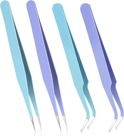 Set van 4 Curved Pincetten van Roestvrij Staal voor Stickers, Wimperextensions en Sieradenmaken in Paars/Blauw