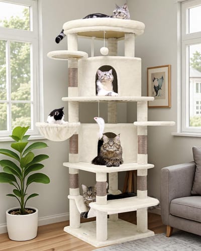 Dailygoods- Kattenboom Hoog 167 cm - Hoekmodel - Met 2 Gebogen Huisjes - Grote Platform - Hangmat - Pluche Speelgoed - Voor 3-4 Volwassen Katten - Krabpaal