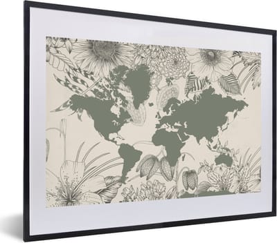 Poster in lijst - Fotolijst 60x40 cm - Posters - Wereldkaart - Grijs - Bloemen - Posterlijst zwart - Decoratie - Wanddecoratie woonkamer - Muurdecoratie slaapkamer