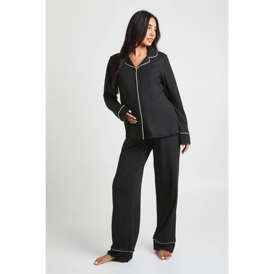 boohoo Dames Zwangerschaps pyjamaset met langmouwshirt en broek met paspeldetails | Black | Maat: 8