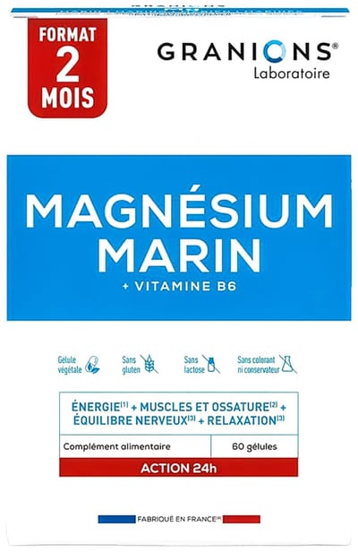 Marine Magnesium 300 mg - Energie - Spieren & Botten - Nerveus Evenwicht - Stress - Gecombineerd met Vitamine B6 6 GRANTIEN - 60 capsules = 20 dagen