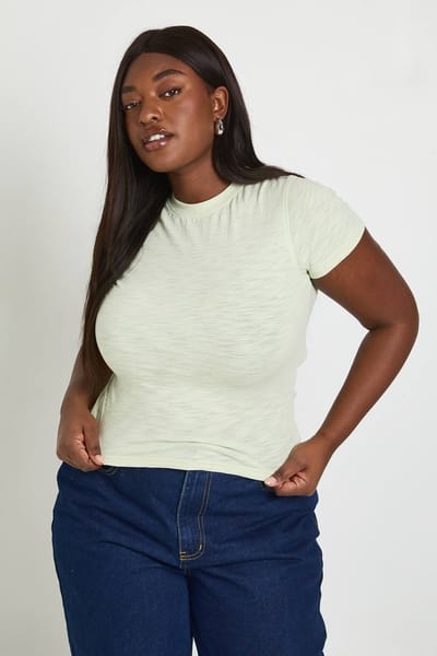 boohoo Dames Plus Doorschijnend Slub Baby T-shirt | Light Khaki | Maat: 28