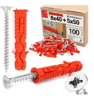 LUN FIX - Dübel Set 8x40 mm + schroeven 5x50 mm - 100 stuks - slagpluggen - universele pluggen voor beton, baksteen, holle blokken