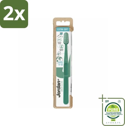 Jordan - Tandenborstel - Green Clean - Extra Soft - 5 tot 10 Jaar - Voordeelverpakking - 2 stuks - Kinder tandenborstel - Tandenborstel voor kinderen