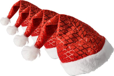Kerstmutsen Unisex met Pailletten - Rood met Witte Band en Pom-Pom | 4 Stuks | 100% Polyester | Flexibele Hoofdmaat 54-56 | Perfect voor Kinderen en Volwassenen