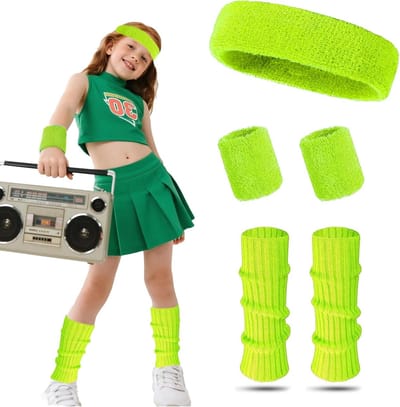 80s Neon Kostuum Set voor Kinderen - 4-delige Outfit met Fitness Armbanden en Neon Haarbanden voor Themafeesten en Danspartijen