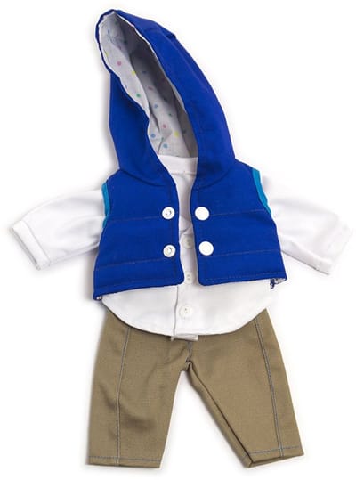 ML Poppen: KLEDIJ SET blauw voor jongen 32cm, 3-delig, plastic zakje met  kapstok, 3+