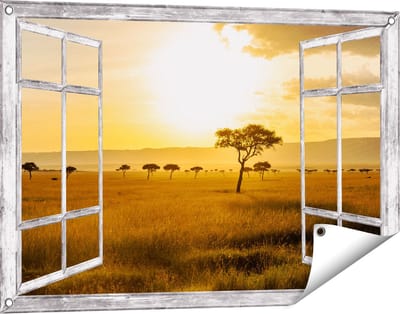 Gards Tuinposter Doorkijk Zonsondergang in de Savanne - 90x60 cm - Tuindoek - Tuindecoratie - Wanddecoratie buiten - Tuinschilderij