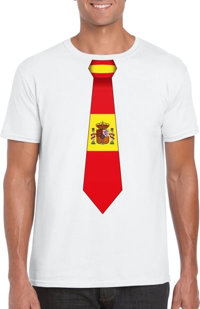 Supporters T-shirt - wit - met vlag Spanje kleuren stropdas - heren - korte mouw S