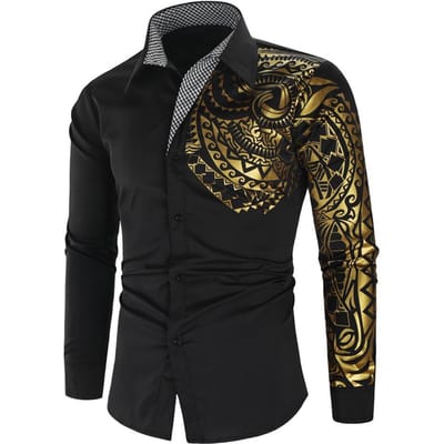 Mode heren etnisch drakenpatroon Bronzing revers shirt met lange mouwen losse herentop M