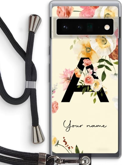 Gepersonaliseerd - Case Company® - Hoesje met koord geschikt voor Google Pixel 6 Pro hoesje met Koord - Flirty Flowers Monogram - Telefoonhoesje met Zwart Koord - Bescherming aan alle Kanten en Over de Schermrand