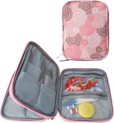 Candala Opbergtas, haaktas, tas voor rondbreinaalden, haakgereedschap en naai-accessoires, opbergorganizer, draagbare gebreide tas, opslag met ritssluiting, roze