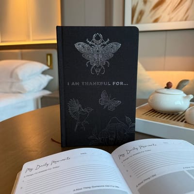 Zwart dankbaarheidsdagboek met een zilveren randje - 120 pagina's - Ik ben dankbaar voor - cadeau voor man - cadeau voor vrouw