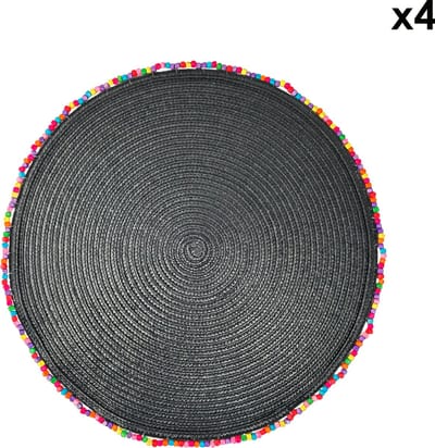 Arca BORDATO Set van 4 Zwarte Placemats Rond 38cm, met speelse houten kralen afboording - polyester - onderhoudsvriendelijk