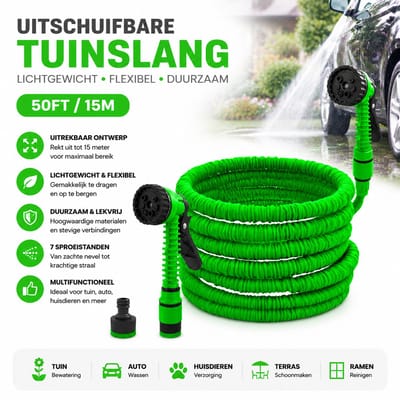 Uitschuifbare Tuinslang / Flexibele Slang – 15 meter (50FT) – Groen – 0,4 MPa werkdruk – Licht, knoopvrij & zelfoprollend – Voor tuin, auto, terras & planten – Incl. handleiding
