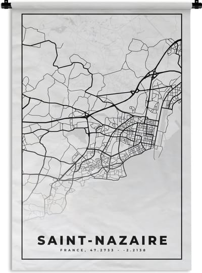 Wandkleed - Wanddoek - Plattegrond - Saint-Nazaire - Kaart - Frankrijk - Stadskaart - Zwart wit - 120x180 cm - Wandtapijt