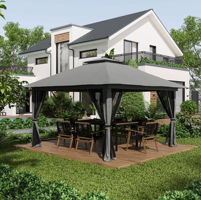 HAUSS SPOLE Partytent - 392 x 392 cm - Opvouwbaar Met Dubbel Ventilatiedak - IJzer En Oxford Polyester - Donkergrijs - Tuin En Terras