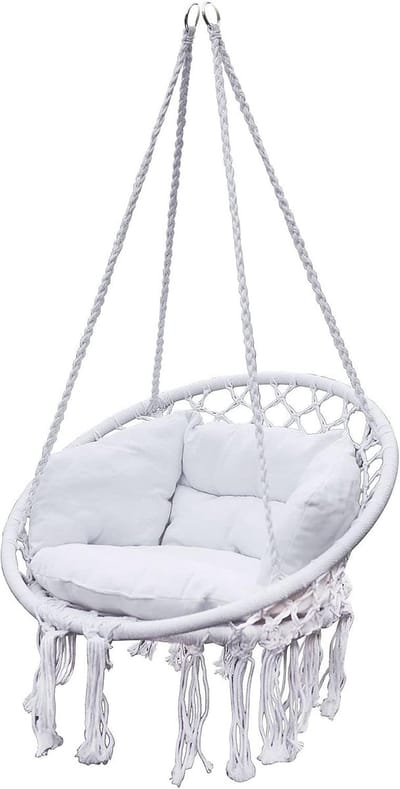 Luxe Witte Hangstoel met Kussen - Comfortabele Katoenen Schommelmand voor Binnen & Buiten